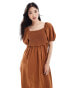 Фото #4 товара New Look shirred puff sleeve linen blend midi dress in rust