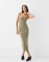 Bershka square neck bodycon midaxi dress in khaki