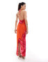 Фото #3 товара Murci halterneck plunge neck maxi dress in orange and pink flower print