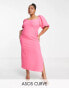 Фото #2 товара ASOS DESIGN Curve puff sleeve midi dress with asym neck line in hot pink