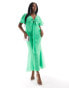 Фото #1 товара ASOS DESIGN Curve exclusive flutter sleeve midi dress with wrap waist detail in green