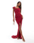 Фото #1 товара ASOS DESIGN plisse one shoulder premium drape maxi dress with super high split in raspberry