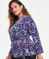 Plus Size Printed Long Sleeve Twist-Side Top Black/Cerise Multi, 4X - фото #3