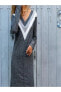 V Yaka Desenli Uzun Kollu Kadın Elbise
