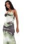 Фото #3 товара ASOS DESIGN mesh cupped detail fishtail maxi dress in green and black print