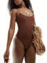 Фото #1 товара ASOS DESIGN Maya micro strap sleek swimsuit in chocolate brown