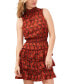 Women's Printed Smocked Sleeveless Mock Neck Tiered Mini Dress