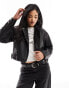 New Look cropped PU bomber jacket in black