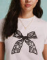 Miss Selfridge short sleeve baby tee with lace bow graphic in white Белый, S - EU 36-38 - фото #3