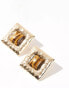 Фото #4 товара ASOS DESIGN stud earrings with hammered faux tigers eye stone detail in gold tone