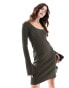 ASOS DESIGN knitted scoop neck mini dress with tie detail in khaki Зеленый, S - EU 36-38 - фото #1