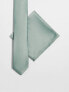 ASOS DESIGN satin slim tie and pocket square in sage green