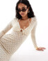 ASOS DESIGN flower crochet tie front midaxi dress with long sleeve in stone