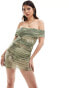 Фото #1 товара Pull&Bear gathered mesh bardot detail mini dress in blurred green print