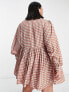 Daisy Street Plus mini smock dress in micro pink brown check