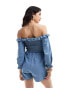 ASOS DESIGN soft denim off shoulder playsuit with frill detail in mid blue