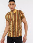 ASOS DESIGN skinny polo in brown vertical stripe with zip neck