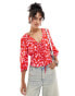 Mango tie front floral top in red and pink