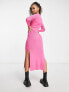 Stradivarius square neck knitted midi dress in hot pink