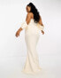 Фото #4 товара ASOS DESIGN Curve satin bandeau off shoulder bodycon maxi dress with exaggerated sleeves in cream