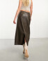 NA-KD faux leather midi skirt in dark olive