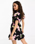 ASOS DESIGN Petite pie crust neck puff sleeve mini tea dress in oversized black based floral print