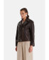 Фото #2 товара Women's Genuine Leather Belted Biker Jacket,Nappa Brown