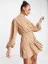 Фото #1 товара ASOS DESIGN high neck pleated mini dress with godet detail in stone