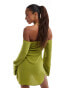 ASOS DESIGN off shoulder halter neck mini dress with curved hem and hardware detail in green