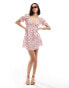 Wednesday's Girl tie front puff sleeve mini dress in white red floral