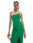 Vesper Tall one shoulder spaghetti strap thigh split midaxi dress in emerald