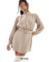 Closet London Petite high neck belted mini dress in mocha Коричневый, 42 - фото #1