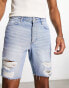 ASOS DESIGN classic rigid regular length denim shorts in light wash blue with rip