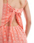 Pieces broderie tie back cami mini dress in coral