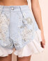 ASOS LUXE embellished denim shorts with organza trim in mid wash blue