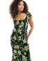 ASOS DESIGN flutter sleeve scoop neck bias maxi dress in black and green floral print