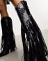 Фото #6 товара Daisy Street buttery applique fringed knee high western boots in black