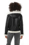 Women's Detachable Hooded Shearling Jacket, Silky Black with White Wool