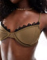 Фото #2 товара Miss Selfridge lace trim cupped bikini top in khaki