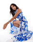 ASOS DESIGN satin high neck drape maxi dress with puddle hem in blue abstract print