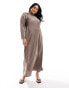 ASOS DESIGN Curve satin biased maxi dress with button detail in mocha