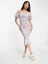 Love Triangle puff sleeve shirred midi dress in lilac floral
