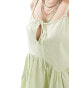 COLLUSION cotton linen tiered sun dress with bunny tie and ring detail in sage