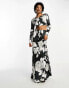 Day 6 puddle length maxi skirt co-ord in black rose print