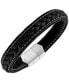 ფოტო #1 პროდუქტის Woven Black Leather Bracelet in Sterling Silver, Created for Macy's