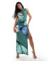 Фото #1 товара Kaiia exclusive slinky high neck cut out bodycon maxi dress with tie side detail in green butterfly print