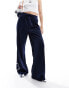 Monki heart stripe straight leg track pant trouser in navy and white