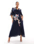 Фото #2 товара Hope & Ivy Plus flutter sleeve embroidered wrap midi dress in navy