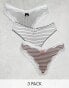 ASOS DESIGN 3 pack high leg thong with trim in stripe & grey marl