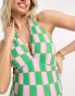 Vero Moda Maternity halterneck swimsuit in green and pink checkerboard